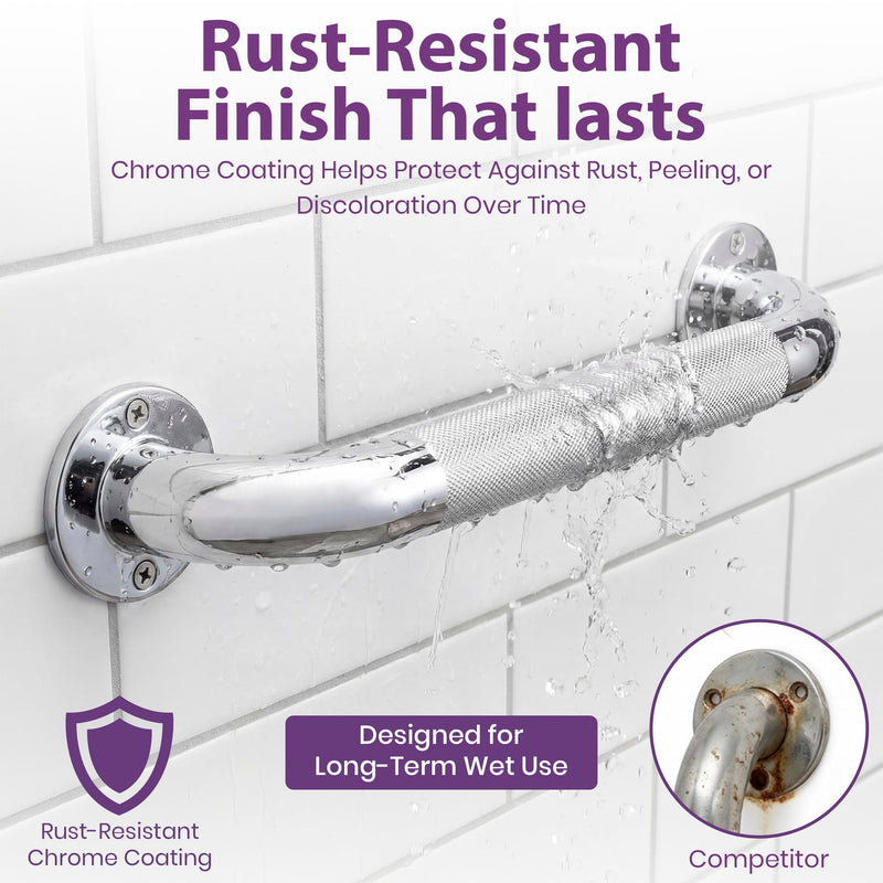 18 Inch Grab Bars for Bathtubs and Showers - Chrome Knurled Bathroom Safety Rail Handle - Non Slip Textured Grip Handicap Grab Bar for Seniors, 250 lbs Weight Support Capacity 18"