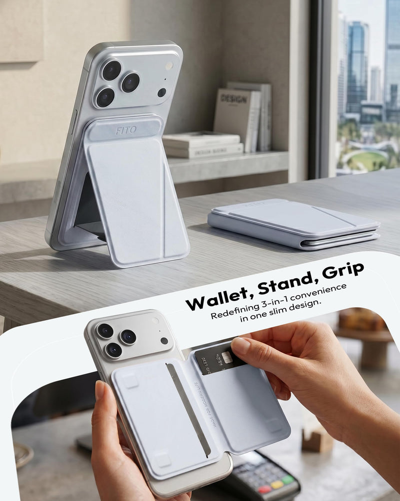 FITO for MagSafe Wallet Stand, 3 Card Holder, RFID Blocking, Magnetic Phone Wallet for iPhone 17e/17/16/15/14/13/12 (Not for 13/12 Mini) Sky Blue