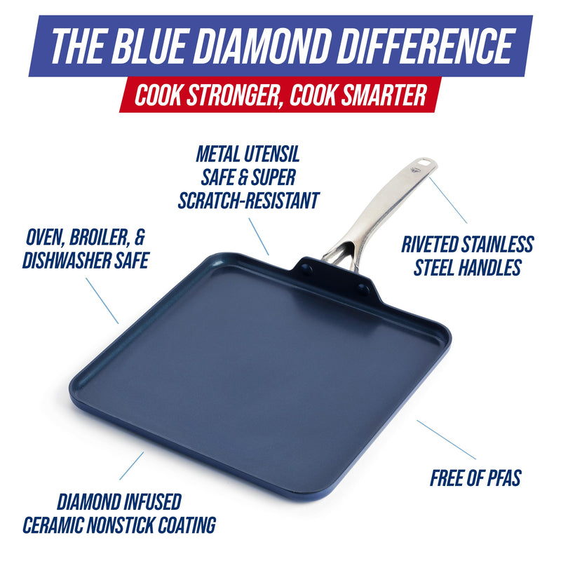 Blue Diamond 11" Nonstick Square Griddle Pan, Non Toxic PFAS-Free Diamond Ceramic, Dishwasher & Oven Safe, Even Heating, Metal Utensil Safe, Warp Control, Blue 11" Griddle Pan