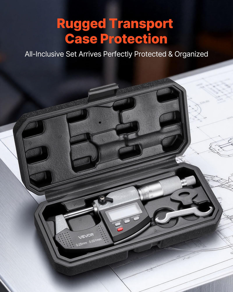 VEVOR Micrometer Set, Digital Outside Micrometer 0-1 inch Measuring Range, 0.00005" Resolution, Ultra-Precision 0.0001 Accuracy, LCD Screen, in/mm Switch, Carbide Tip, with Protective Case