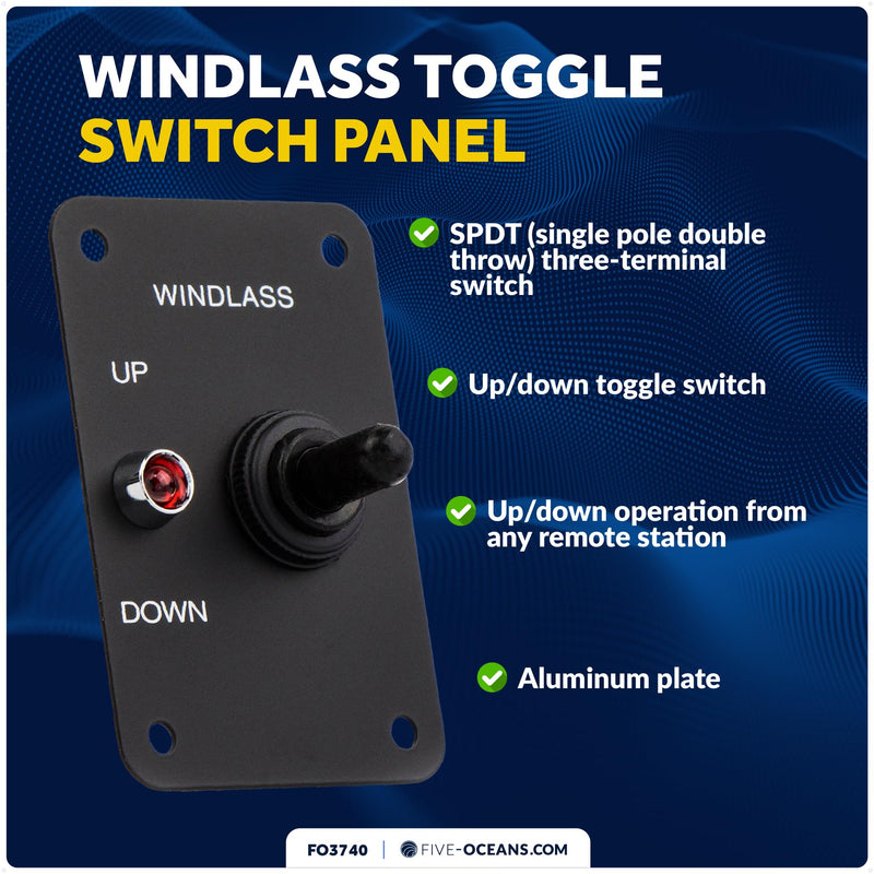 Five Oceans Toggle Boat Anchor Windlass Switch, Controlling Up/Down Function of Boat Anchor Windlasses, Waterproof, 12 Volts, SPDT 3-Terminal Switch, Stainless Steel Plate - FO3740 Toggle Switch - 1 Pack