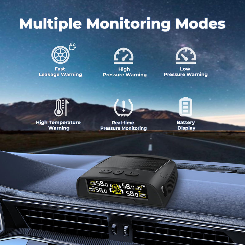 Tire Pressure Monitoring System - TPMS with Solar and USB Charger, 4 Tire Sensors and 6 Alarm Modes, Auto on/Off and Voice Prompt, TPMS with Color LCD Screen, for RV, Sedan, SUV, MPV, etc