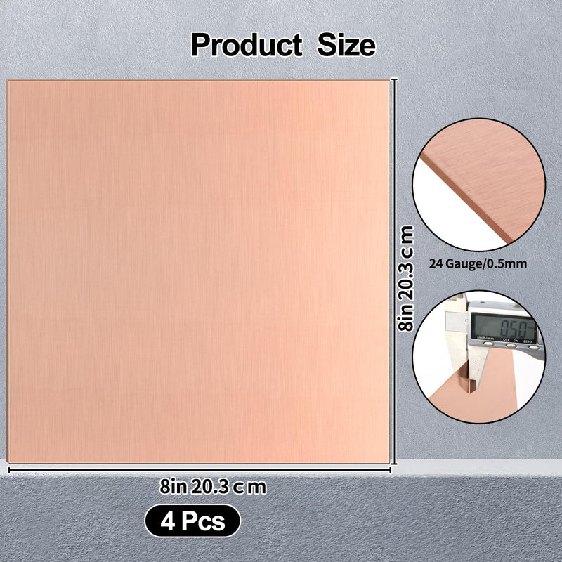 Adrattnay 4-Pack 99.9% Pure Copper Sheets Metal 8" x 8", 24 Gauge Copper Sheets 0.5mm (0.02") with Double-Side Protective Film for Jewelry Making, Crafts, Soldering, Electrical Projects 8x8in