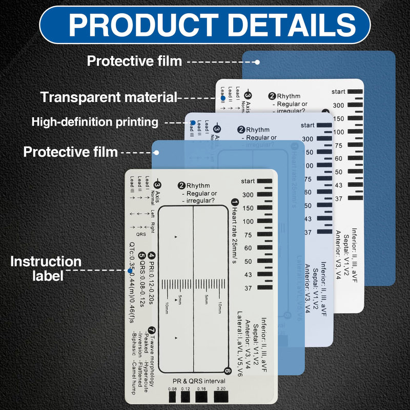 3pcs ECG 7 Step Ruler, Transparent Plastic EKG Calipers Measuring Tool, Portable Electrocardiogram Card Ruler Assessment Tool for EKG/ECG Interpretation