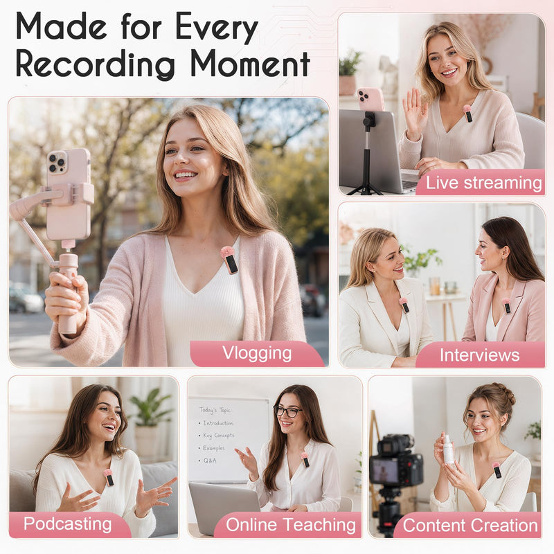 2 Mini Wireless Microphones for iPhone/Android, AI Noise Reduction | Plug & Play, 20H Battery with Charging Case, Portable Clip-On Lavalier Mic for Content Creators, Podcast, Streaming, Vlogging Pink 2
