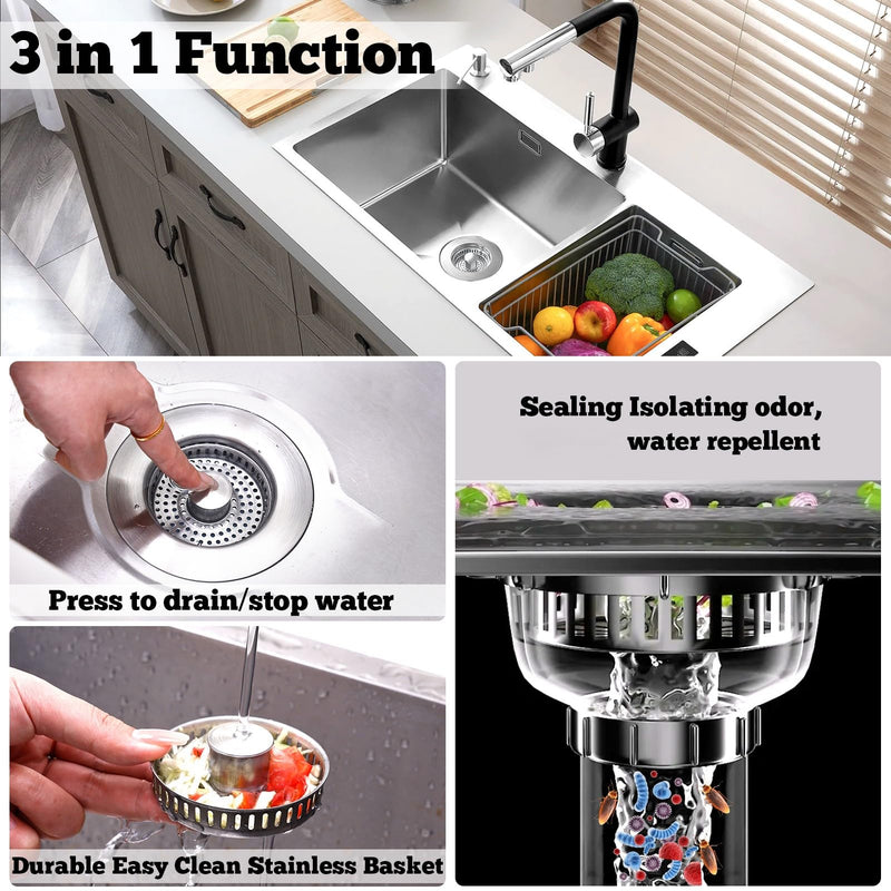 Upgraded 3 in 1 Kitchen Sink Drain Strainer Stopper, Brushed Stainless Steel SUS 304 Pop Up Sink Drain Stopper for Standard 3-1/2 Inch Drain Anti-Clogging Odor Prevention SUS304Drain+SUS304Strainer-2Pack