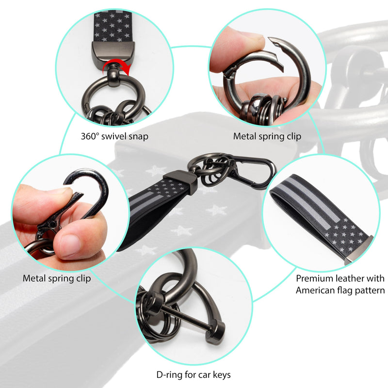 Car Key Chain, Leather Car Keychains for Men, American Usa Flag Key Chains with Anti-Lost D-Ring Black