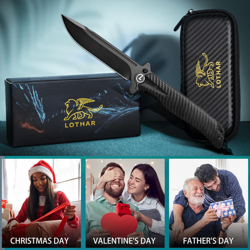 LOTHAR PHOENIX Pocket Knife, Tactical Pocket Knife for Men, 4" D2 Steel Blade Folding Knife with Clip, Flipper Assisted Opening and Black G10 Handle, Survival Knife Gifts for Men