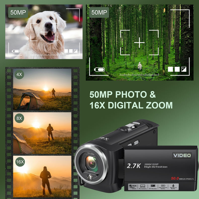 2.7K Video Camera QHD 56MP Camcorder 16X Digital Zoom YouTube Vlogging Camera 270 Degree Rotation Screen Camcorders Webcam with 32G SD Card and 2 Batteries