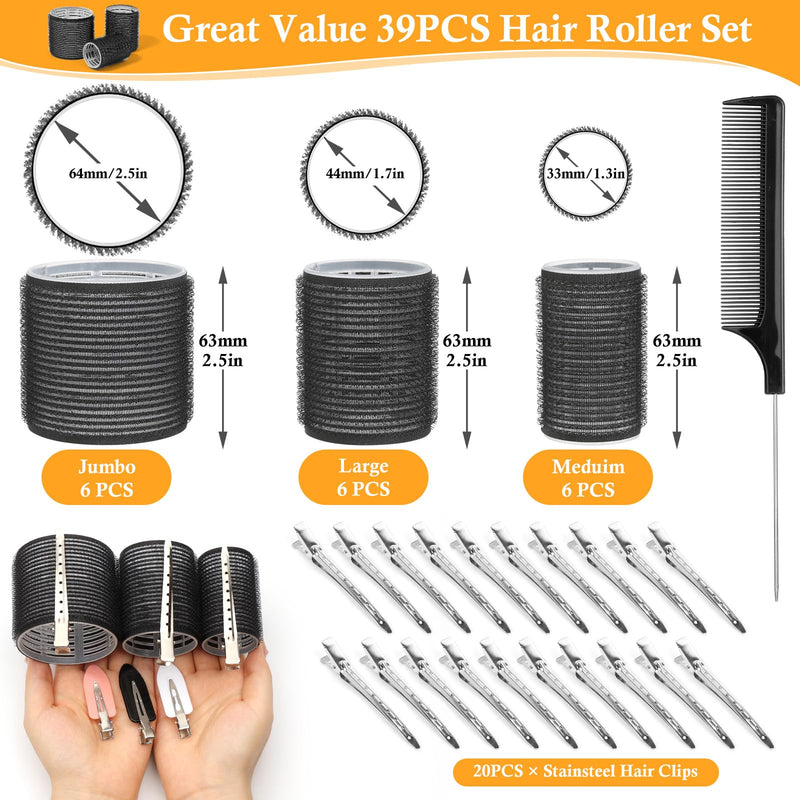Thrilez 39PCS Hair Curlers Rollers with Clips Black Hair Roller with 3 Sizes 64mm 44mm 33mm, Jumbo Roller with 12PCS Duckbill Clips Hair Rollers for Long Medium Short Thick Fine Volume Bangs