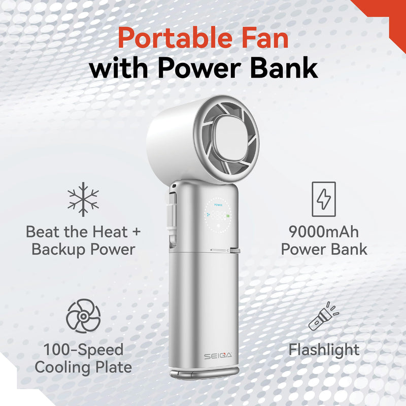 SEIGA Pro Metal Handheld Fan with Cooling Plate,9000mAh Power Bank | 10500 RPM Motor,100 Speeds,22.5W Fast Charging,Built-in USB-C Cable,Lanyard Included,LED Flashlight,Foldable Design