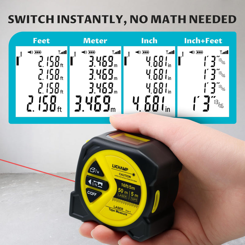 Lichamp Laser Tape Measure, 164ft Class II Laser Distance Meter (0.49mW Red Laser) and 16ft Manual Tape Measure