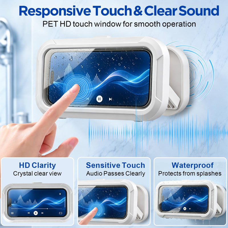 AgePlace Shower Phone Holder Waterproof, 480° Rotatable & Retractable Wall Mount Phone Holder for Shower, Anti-Fog Touchscreen Bathroom Phone Holder with Adhesive No-Drill Mount, Fits 4–6.7" Phones WHITE
