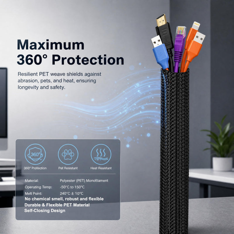 1/2" Split Cable Sleeves, Heavy Duty Wire Cover Cable Sheath to Hide Cords | Black 10ft Reusable Wire Organizer Flexible Abrasion Resistance Wire Loom Wrap for Car Desk Computer Pet Chew Protection 10ft - 1/2"
