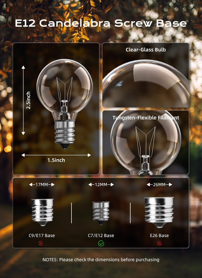 Brightown G40 Clear Light Bulbs Outdoor Light Bulbs Globe E12 Candelabra Screw Base, Incandescent Round Warm Replacement Glass Bulbs for Patio String Lights, 5W 120V, Pack of 50 50 Count
