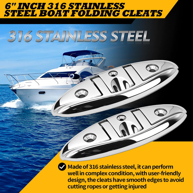 2pcs 6 inch 6" Dock Cleats Marine Boat 316 Stainless Flip Up Cleats Folding Cleat with Screws and Nuts 6" 2pcs