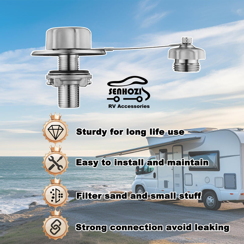 RV City Water Inlet with Check Valve, All Metal RV Water Inlet with 3/4 GHT Female 1/2 NPT Male Connection. RV Water Inlet Replacement for Camper Motorhome Trailer Marine, SE004BN