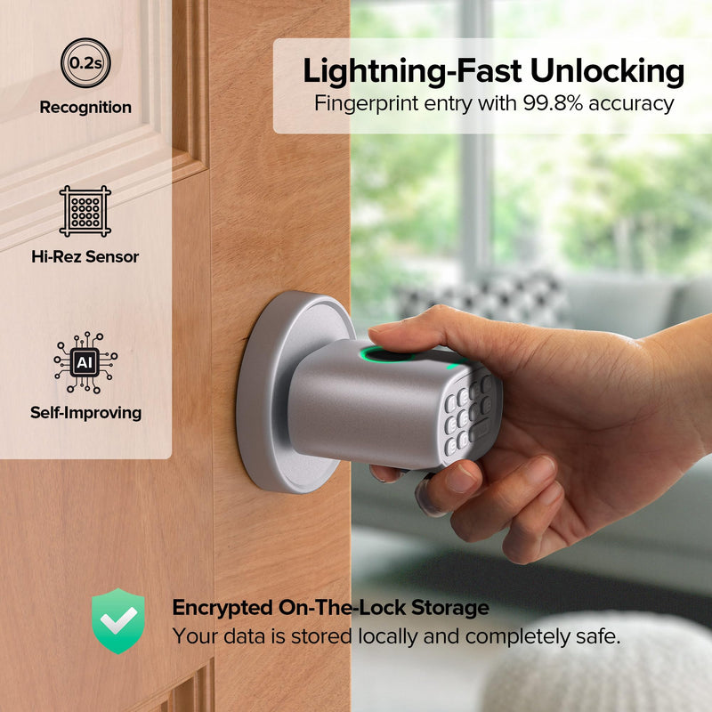 ThorBolt MD1 Fingerprint Door Knob Lock with Keypad, Silver | 4x AA Alkaline Batteries, Biometric, Electric, Auto-Lock, for Bedroom, Garage, Office, Pantry Door, Interior Door Lock Silver1