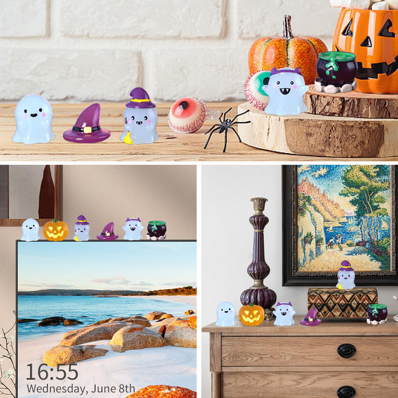 Cute Luminous Resin Halloween Ghost Car Decor Accessories, Funny Dashboard Decorations, Cute Halloween Ghost Statue Suitable for Cars, Homes, Micro Landscaping and Gardening 6 Pcs