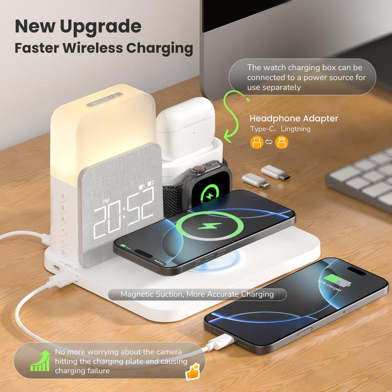 Alarm Clock Charging Station for Bedrooms, 7 in 1 Wireless Charging Station, Magnetic Charger with Night Light Bedside Clock for iPhone 17 16 15 14 13 12 Pro Max, Apple Watch, AirPods (White) White