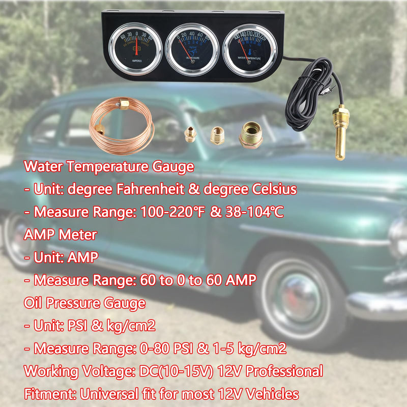 Triple Gauge Kit Oil/AMP/Water,Mechanical 2'' 52mm Chrome Triple Gauge Set Water Temp Oil Pressure AMP Meter