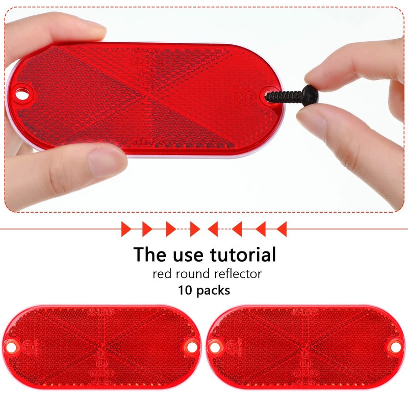 10 Pack Front Reflector Oval Reflector for Driveway Fence Gate Posts Trailers Safety Reflectors Automobiles Boats Mailboxes Reflector with Center Mounting Hole (Red) Red