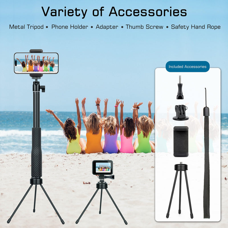 37''Waterproof Handle Grip 360°Ballhead Underwater Selfie Stick Pole Lightweight 2in1 for Camera+Smartphone Tripod Stand+Phone Holder Included for Gopro Insta360 AKASO Vlog Diving Monopod