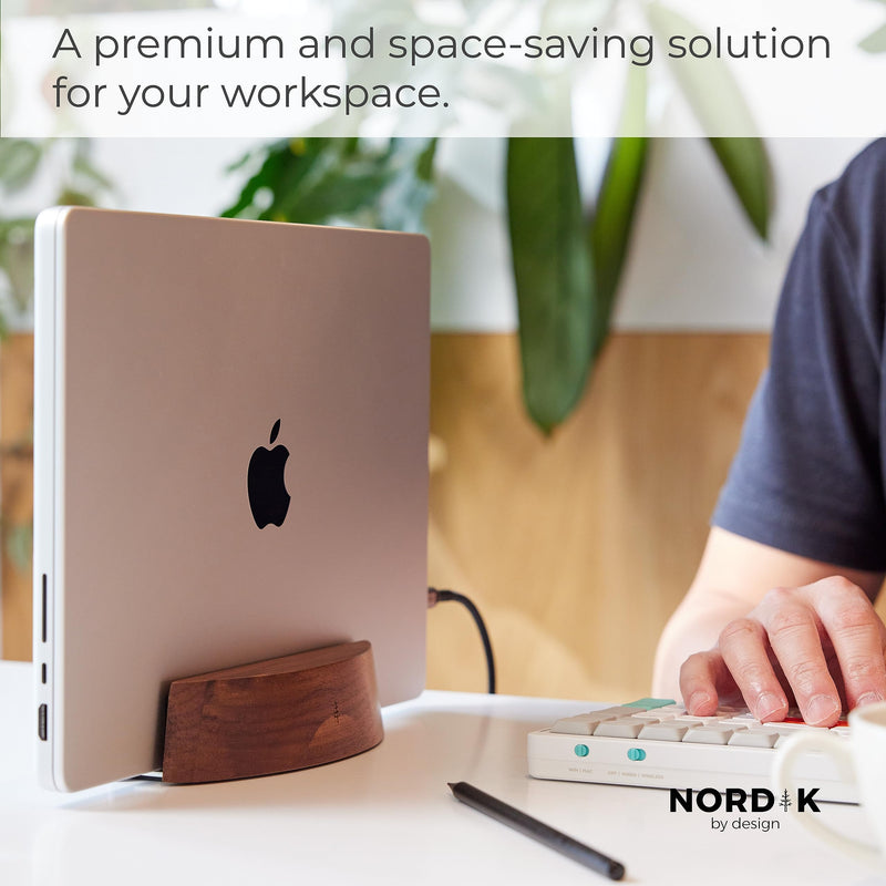 Nordik Adjustable Vertical Laptop Stand - Walnut - Premium Laptop Holder for Home Office, Software Engineers - Space Saving Desk Laptop Dock - Stable Non-Slip Wood Stand - MacBook Pro
