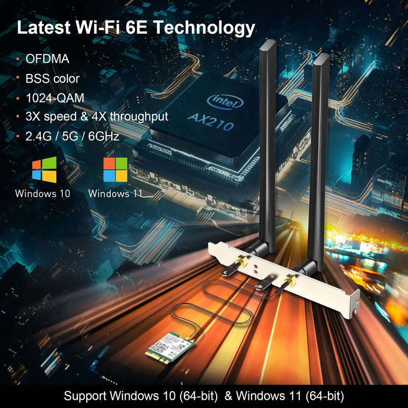 AX210 WiFi 6E Desktop Kit, Expand to Tri-Band 6GHz/5GHz/2.4GHz M.2 NGFF Wireless Bluetooth 5.2 Card Support Windows 10 11, 64 bit Desktop PC, Includes Ipex Cable, 5dBi Antennas and Brackets