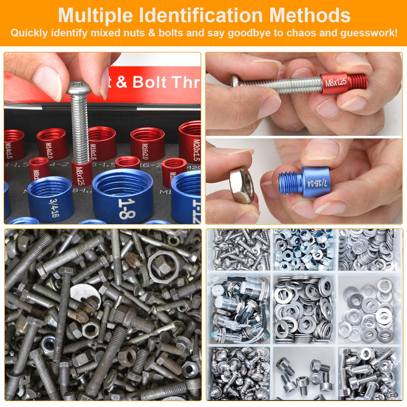 66 Pcs Nut and Bolt Thread Checker - 34 Standard & 32 Metric, Detachable Bolt Size Finder Tool, Screw and Nut Identifier Thread Gauge Especially for Tight Spaces 66 Thread Checker with Toolbox