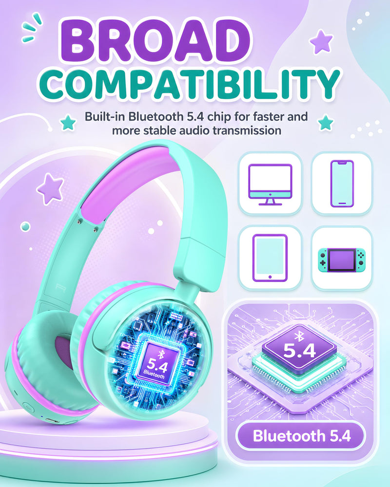 Jimonyer Kids Bluetooth Headphones for School, Travel, iPad, Tablet(Green) | 80H Playtime, Lightweight, Wireless, 85/94dB Safe Volume Limit, Bluetooth 5.4, Built-in Mic Kids Headphones for Girl Boy Greenpurple
