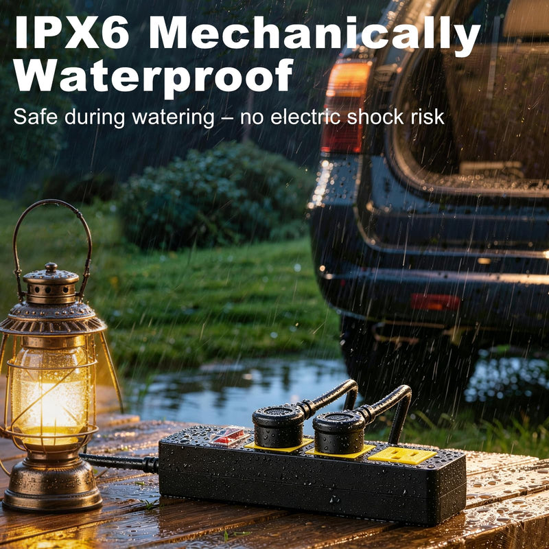 Waterproof Outdoor Power Strip with Extension Cord 6FT, Weatherproof Surge Protector, 3 Shockproof Outlets & Overload Safety Wall Mount Power Strip for Home/Outdoor Patio, Christmas Lights