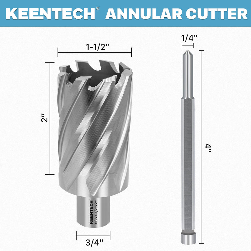 KEENTECH HSS Annular Cutter,1-1/2 Inch Diameter x 2 Inch Depth, 3/4 Inch Weldon Shank (2 Flat), M2AL High Speed Steel Mag Drill Bit with 1/4" x 4" Pilot Pin for Stainless Steel, Cast Iron, Alloy 1-1/2" dia 2" depth