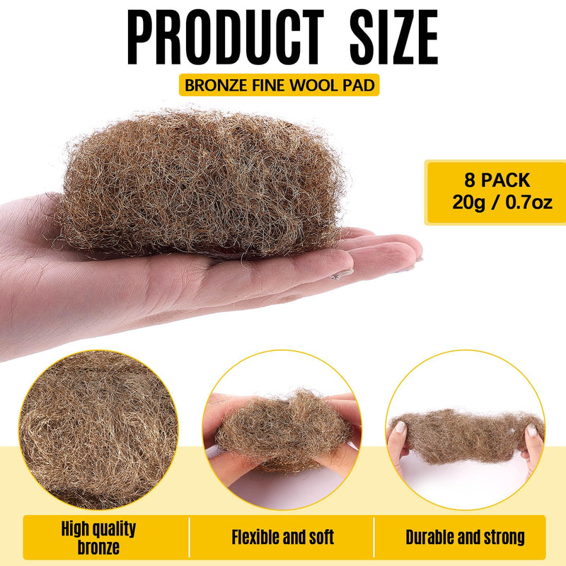 Teenyyou 8 Pcs Fine Grade Brass Wool Pads 0.7 Ounce Bronze Wool 0000 Copper Soft Rustproof Reusable Bronze Pads for Polish, Smooth, Stand Strip Wood and Metals Surfaces