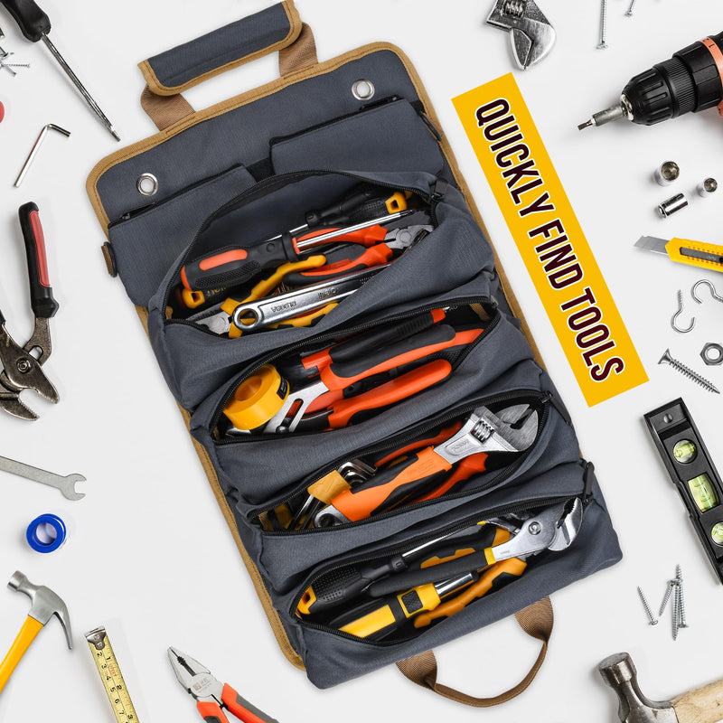 Tool Bag Tool Bags for Men Heavy Duty Tool Organizer, Portable Roll Up Tool Bag Gifts For Him, Mechanic, Electrician and Hobbyist, Car Tool Roll Organizer Grey