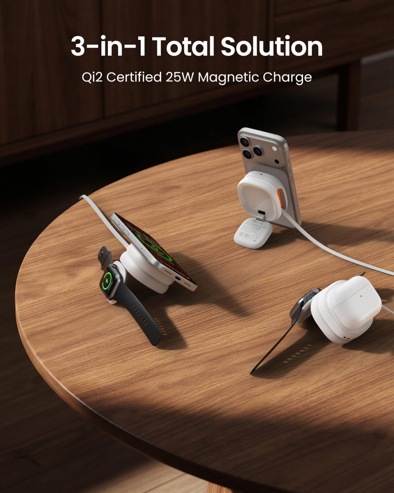 VRURC 3 in 1 Charging Station for Apple,Qi2.2 25W Wireless Charger Dock | Includes 45W Power Adapter, Palm-Sized Foldable Travel Charger for iPhone 17/16/15/14/13, iWatch, AirPods — White (1 Pack)