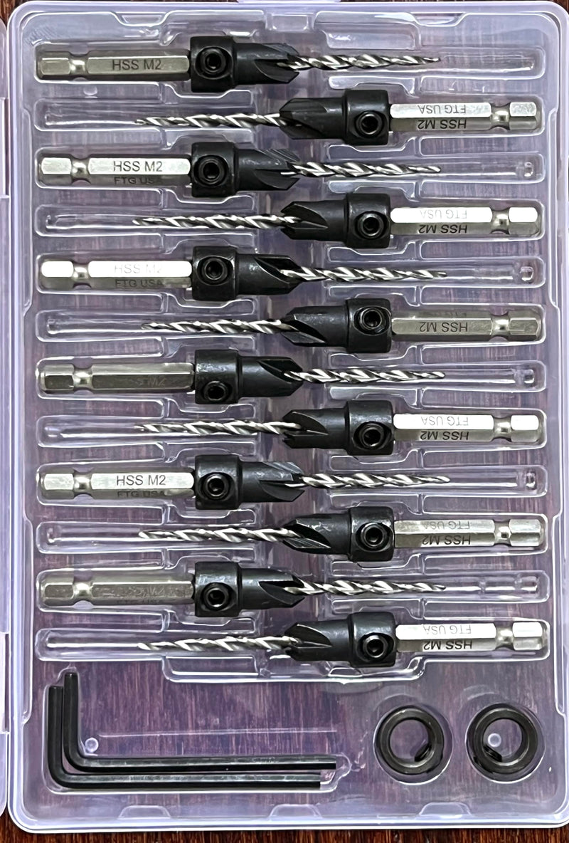 FTG USA 12 Pc #6 (9/64") Adjustable Wood Countersink Drill Bit Set Case | 12pc counter sink drill bit for wood, all same size; parabolic flute, 2 depth stop collar, hex key, storage container 12 Pc Same Size