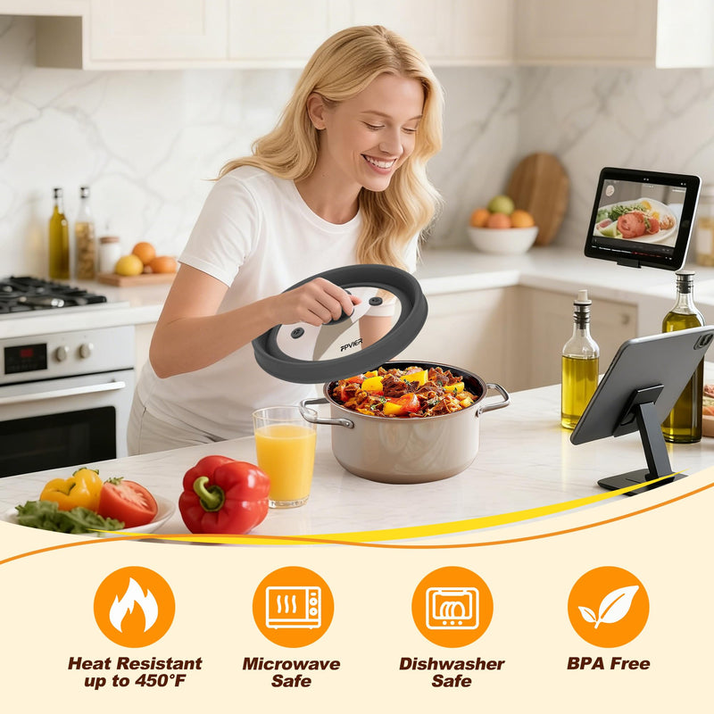 Microwave Splatter cover, Glass Microwave Cover for Food, 10.8 inch Guard Lid with Collapsible Silicone for 6-10 inch Plates & Bowls, Dishwasher Safe, 450°F Heat Resistant, BPA-Free, Black 10.8inch