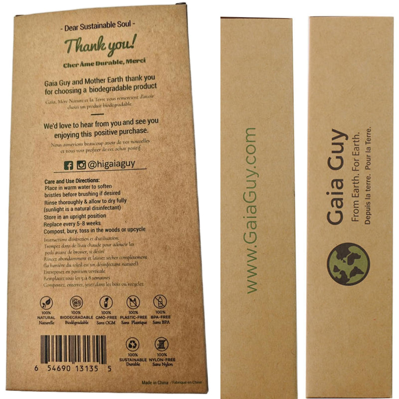 Gaia Guy Soft Natural Bristle Bamboo Toothbrush (NO Nylon - Horse Hair ONLY) - Totally Compostable & Biodegradable Soft Horsehair Bristle and Bamboo Toothbrushes - Zero Waste & Plastic-Free