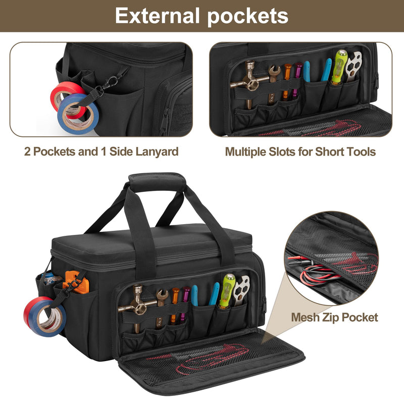 Rexmica 14-Inch Tool Bag with Anti-friction Bottom, Hand Tool Storage Organizer for Men, Tactical Range Bag, Multi-purpose Work Tote for Repairman, Carpenters, Handyman, Black