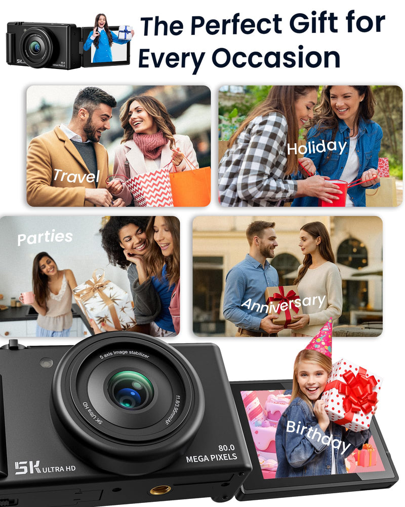 True 5K Digital Camera for Photography, Autofocus 80MP with 18X Digital Zoom, 3" 270° Flip Screen Selfie Camera for YouTube Vlogging & Content Creation, 2 Batteries, 32GB Card & Flash，Black Black