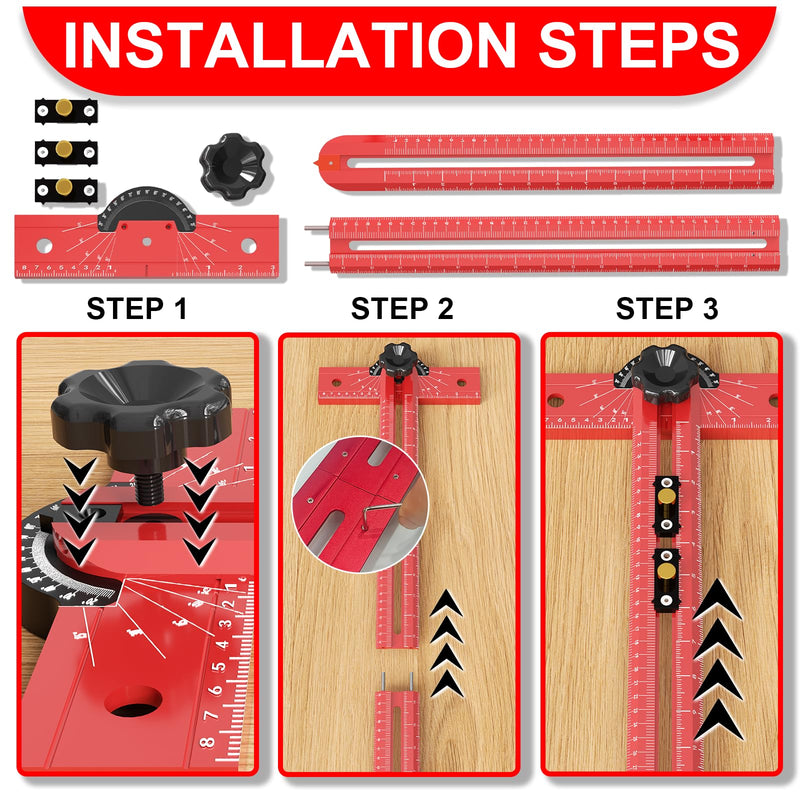 29 Inch Woodworking T Square Ruler, Adjustable Angle 15-165° Measurement Tool, Aluminum Alloy Body Precision Drilling Positioning Guide for Carpentry, Drafting, Architec, Scribe Crafting 29in red