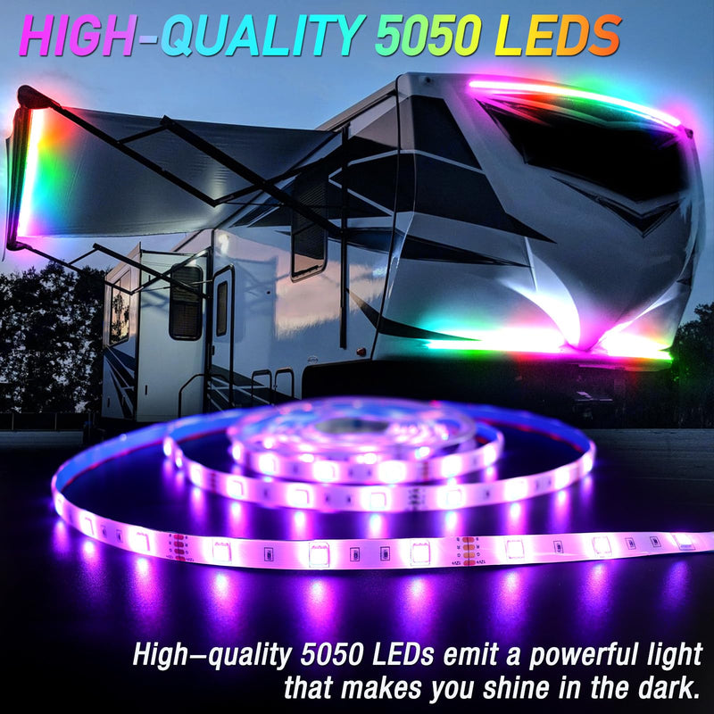 16.4FT RV Awning Lights, 12V Camper LED Light Strip with Remote and APP Control, Waterproof RV Exterior Strip Lights for Canopy Motorhome Travel Trailer Camping BBQ Kitchen (1PC-16.4FT New) 1PC-16.4FT NEW