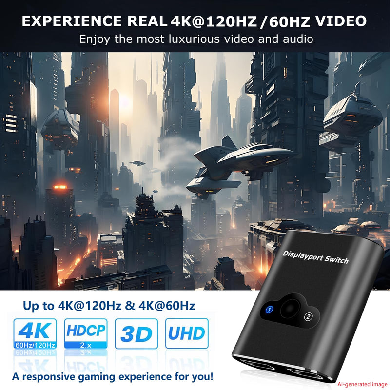 Bidirectional DisplayPort 1.2 Switch 2 in 1 Out,4K@120Hz/60Hz DP Selector Switcher Box with Micro USB Power Cable,2 Port DP Monitor Switch for PC,Laptop,Gaming Console,Monitor TV,Projector.