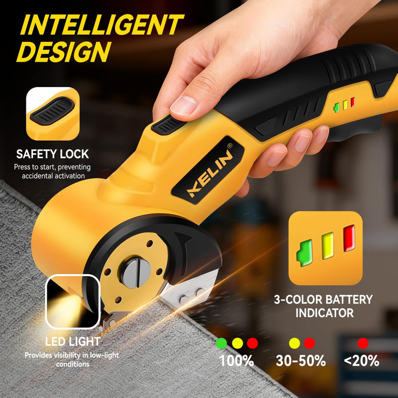 2026 New 3000mAh Cardboard Box Cutter with 2 Titanium Blades, Cordless Electric Scissors with Safety Lock & LED Light, Storage Box, 300RPM, 4V, Cutter for Fabric Carpet Carton Plastic Leather Cloth Yellow-orange 2