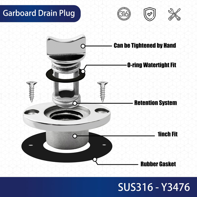 2 Pcs Oval Garboard Drain Plug,316 Stainless Steel Marine Drain Plug Kit Fits 1" Hole,with Waterproof O Seal Ring,Boat Transoms Garboard Drain Plug