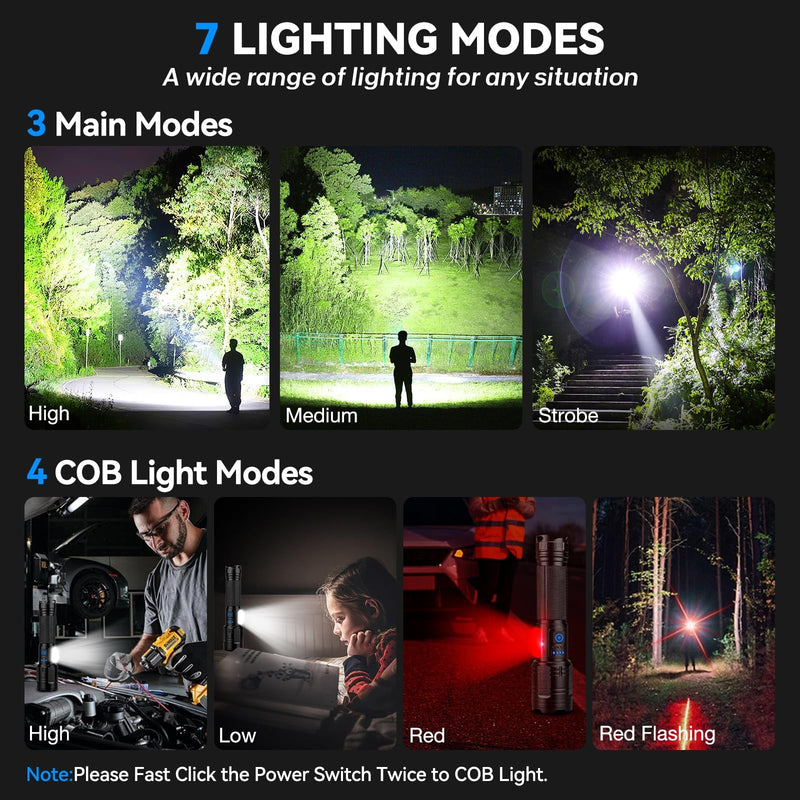 Flashlight Rechargeable 99,000 High Lumen - 2 Pack LED Flash Light with COB, 7 Modes Powerful Handheld Flashlight for Home, Camping