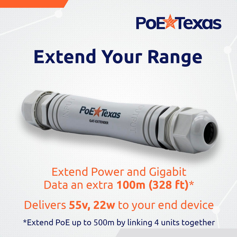 PoE Texas Outdoor PoE Repeater - Plug & Play IP67 Waterproof Extender Expands 22 Watts of Power & Gigabit Data up to 330' to High Powered Devices - Compatible with IEEE 802.3af/at Switch or Injector