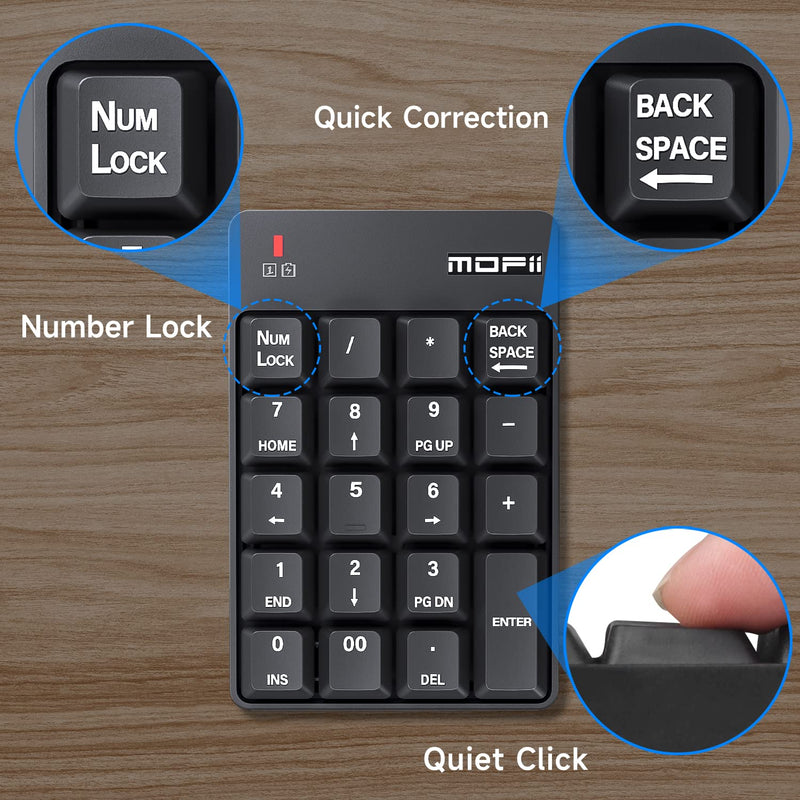 MOFII Bluetooth 5.1 Number Pad Wireless Numeric Keypad Silent 19 Keys USB Keypads, Portable Financial Accounting Numpad 10 Key for Laptop/Notebook/Surface Pro/PC - Black Bluetooth Ink Black