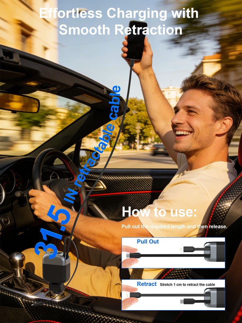 87W Retractable Car Charger, Cigarette Lighter USB Charger for iPhone 17 | 4-in-1 Car Phone Charger USB C Fast Charge Adapter for iPhone 17 16 15 14 13 12, Sumsung Travel Essentials Car Accessories USB C Cable / Lightning Cable